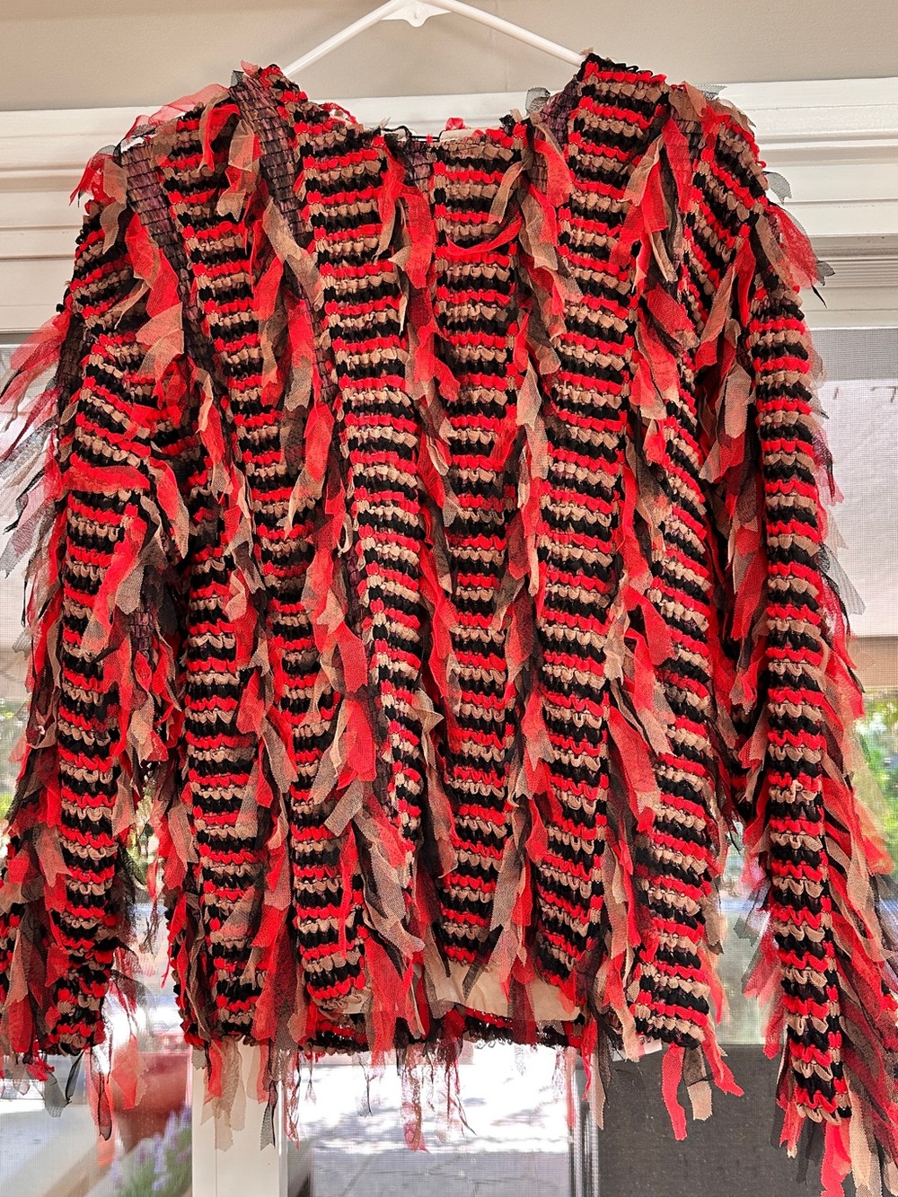 Striped Fringe Sweater in Red, Black & Tan